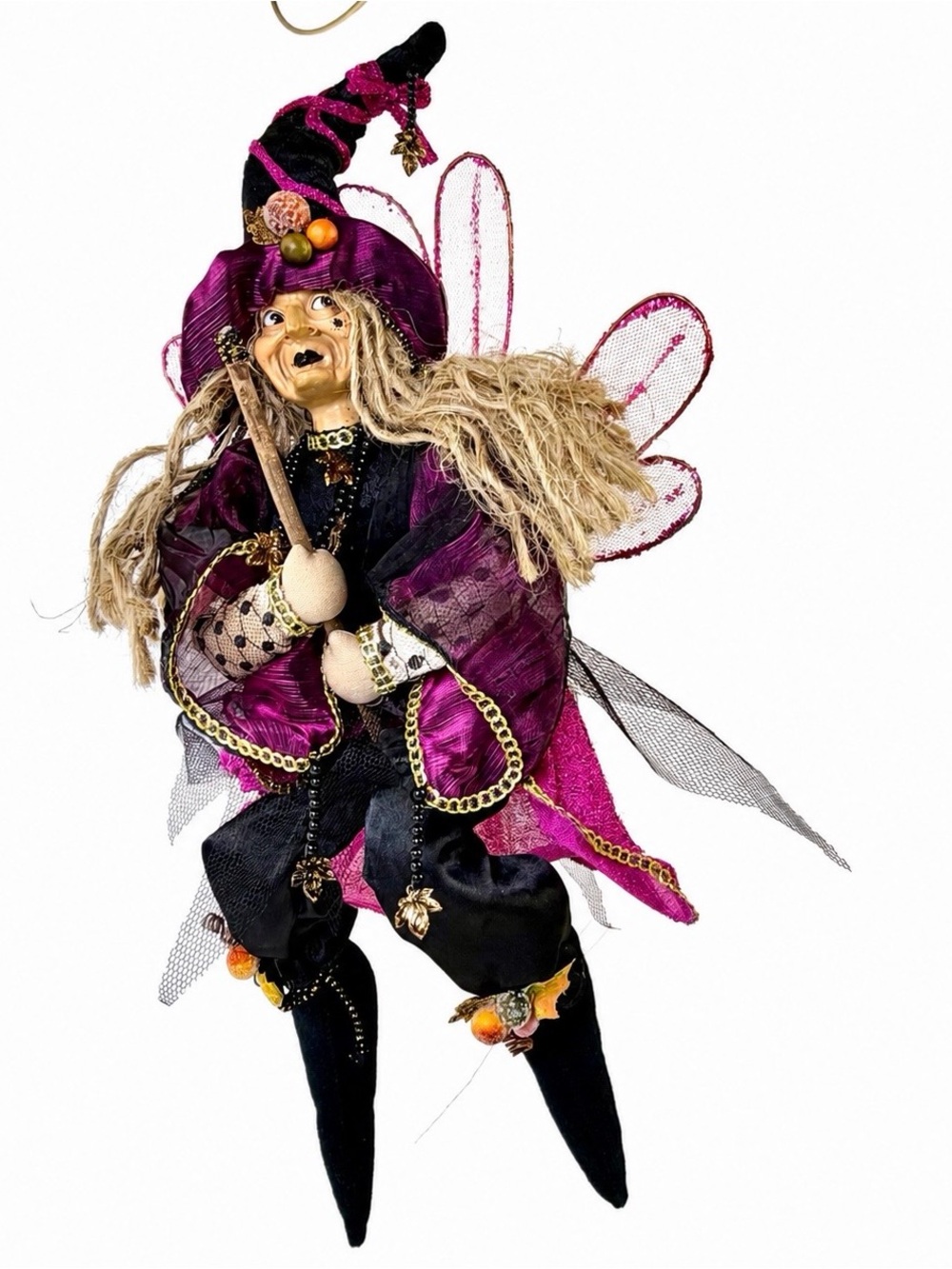 Show Stoppers Hanging Fairy Witch Doll Posable Halloween Decor Broom 16” VTG